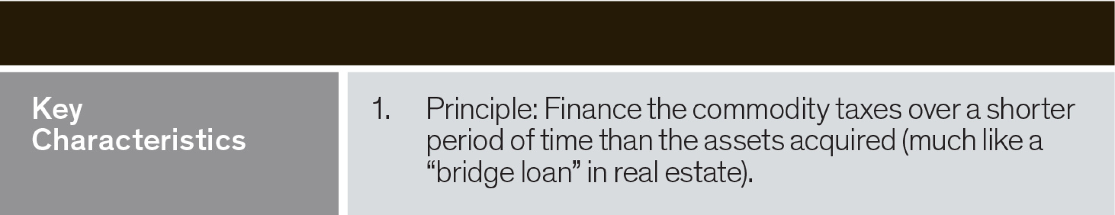 key characteristic - finance the commodity taxes over a shorter period of time than the assets acquired
