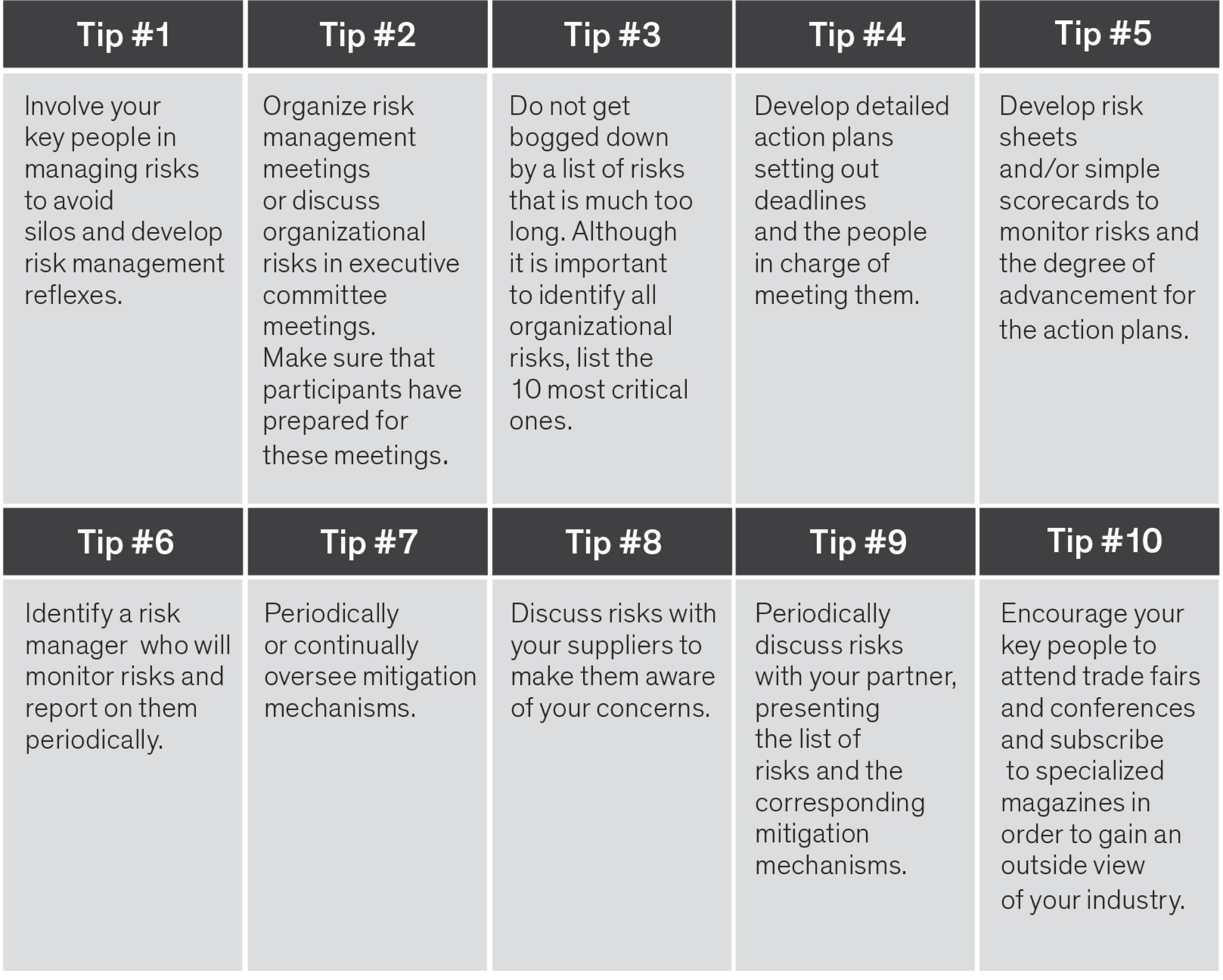 10 tips on involving the key people, risk management, 10 most critical risks identification, action plans, risk sheets, risk manager, mitigation mechanisms, discussing risks with suppliers, discussing risks with partners, attending trade fairs and conferences