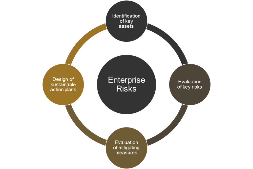 Enterprise risks - identification of key assets, evaluation of key risks, evaluation of mitigating measures, design of sustainable action plans