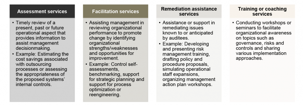 assessment services, facilitation services, remediation assistance services, training or coaching services