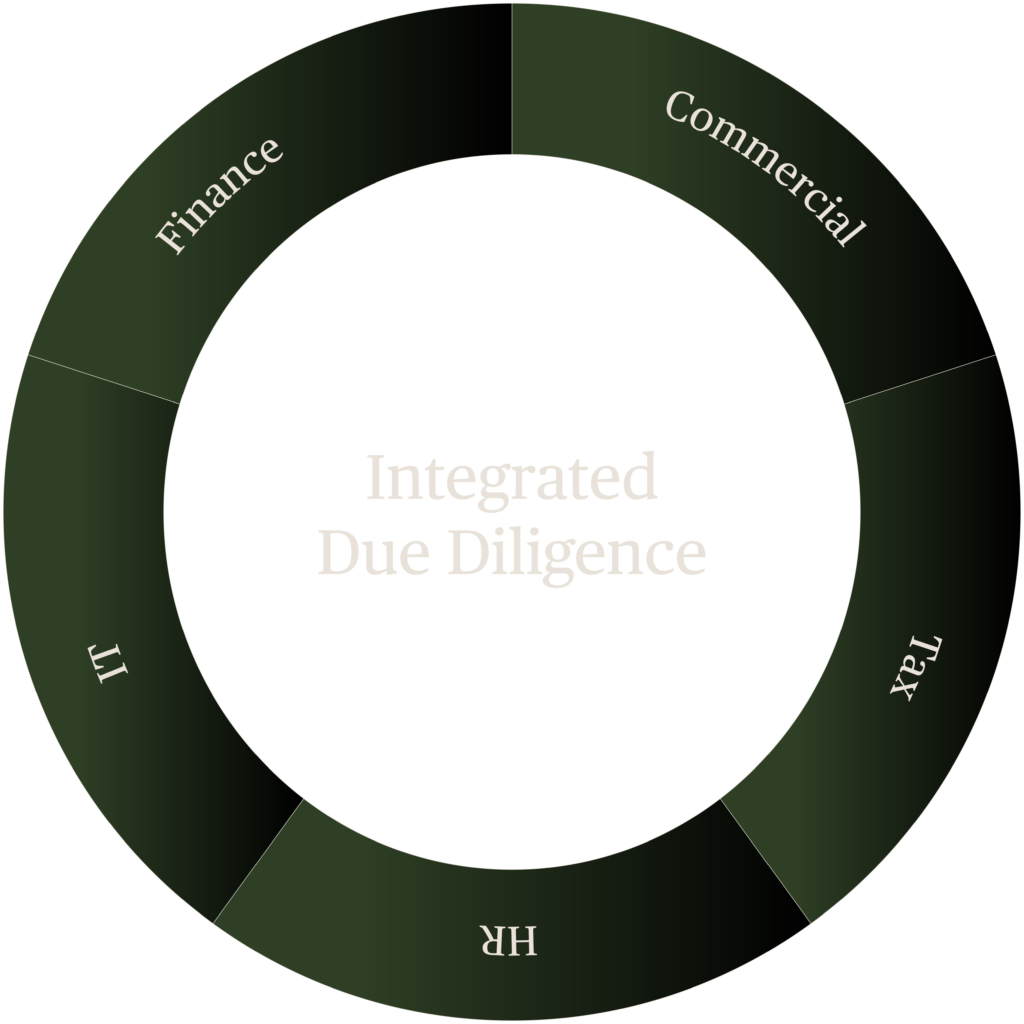 Integrated due diligence framework showing IT, HR, tax, commercial, and financial assessments used in mergers, acquisitions, and investment transactions.
