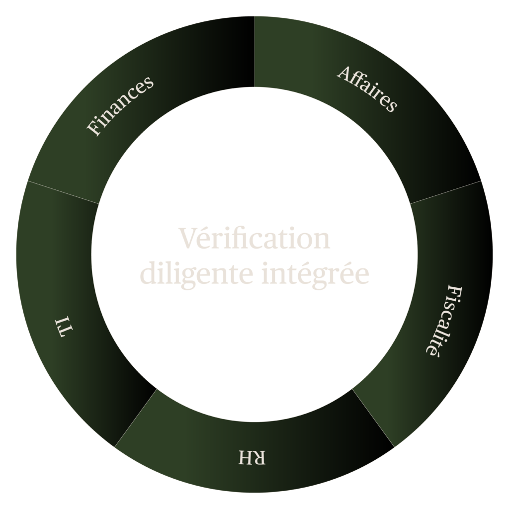 Diagramme circulaire illustrant une vérification diligente intégrée combinant cinq domaines d’évaluation : finances, affaires, fiscalité, ressources humaines (RH) et technologies de l’information (TI), afin d’offrir une analyse complète des risques et opportunités lors d’une transaction, fusion ou acquisition.